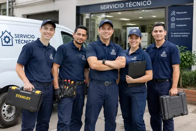 Técnicos de servicio de electrodomésticos con sus herramientas de trabajo