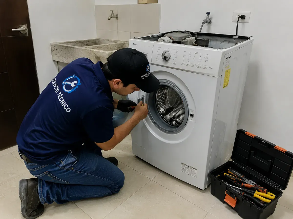 Técnico revisando una lavadora de carga frontal durante un servicio a domicilio